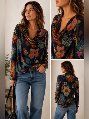 Desigual Floral Wrap Zip Shoulder Embellished Cowl Neck Top